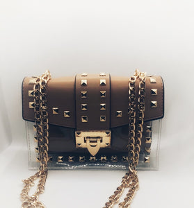 Transparent Overlay Black Studded Fashion Bag.