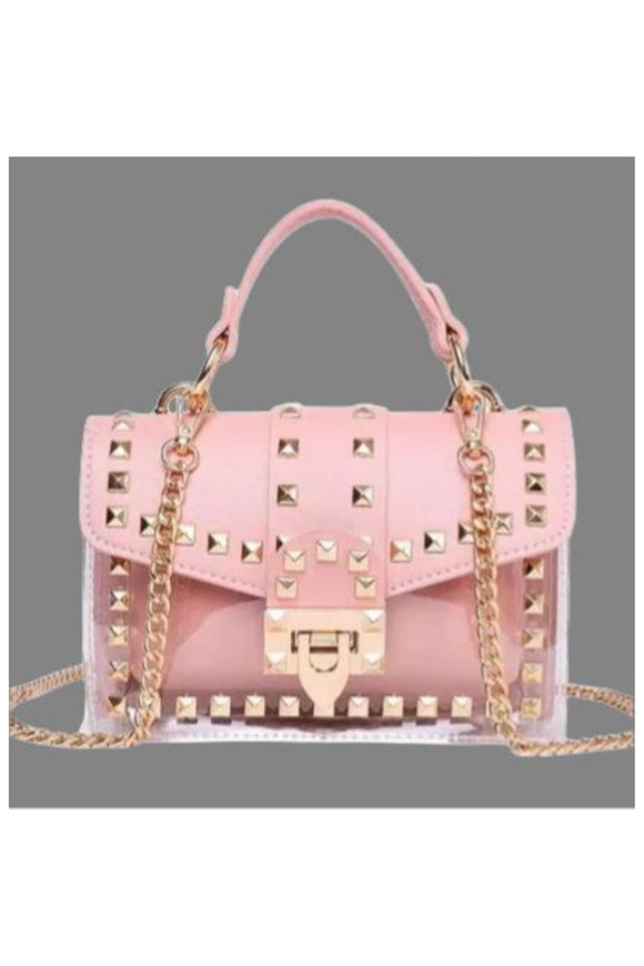 Transparent Overlay Pink Studded Fashion Bag.