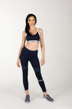 Long Comfy Yoga two Piece Set. Navy Blue with White and Silver Design. Cross Back Design for added comfort.