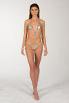 Gold Triangle Two Piece Jeweled Design Bikini Swim Set.