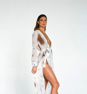 Long Sleeve Belted Waist Maxi Beach Dress.